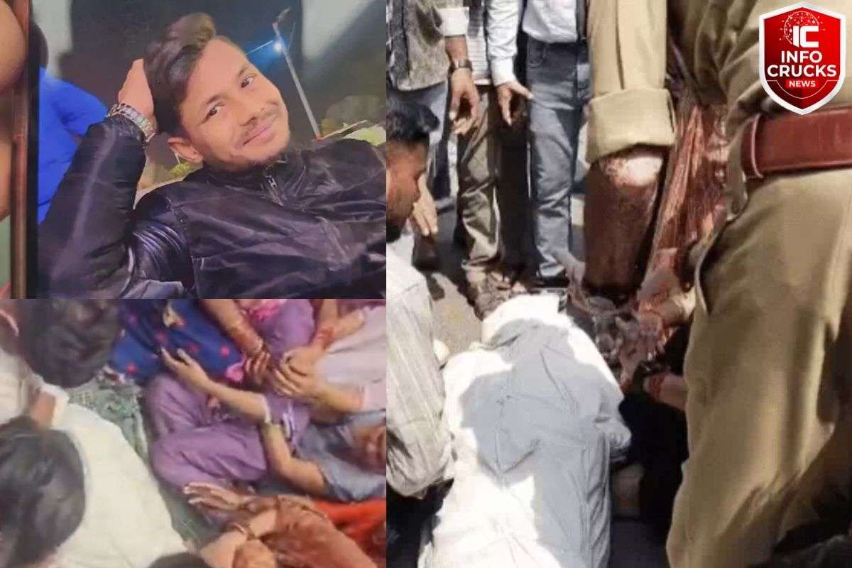 Police investigation in Agra market after murder incident.